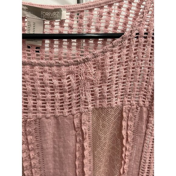 Forever 21 Pink Sheer Cap Sleeve Baby Doll Lace Knit Textured Top Sz Medium - Picture 5 of 9